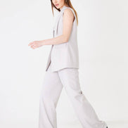 Grey Longline Vest Wide Leg Pants Suit Set