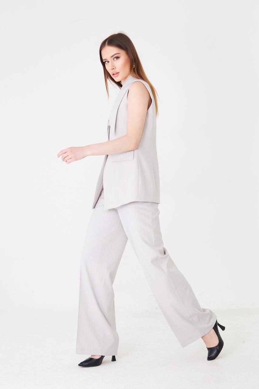 Grey Longline Vest Wide Leg Pants Suit Set