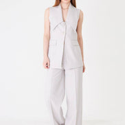 Grey Longline Vest Wide Leg Pants Suit Set