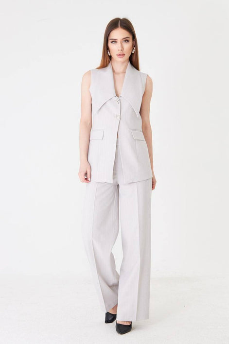 Grey Longline Vest Wide Leg Pants Suit Set 36
