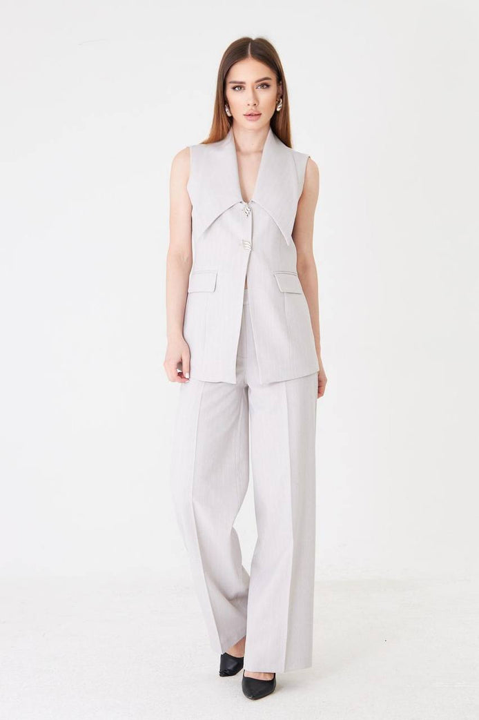 Grey Longline Vest Wide Leg Pants Suit Set