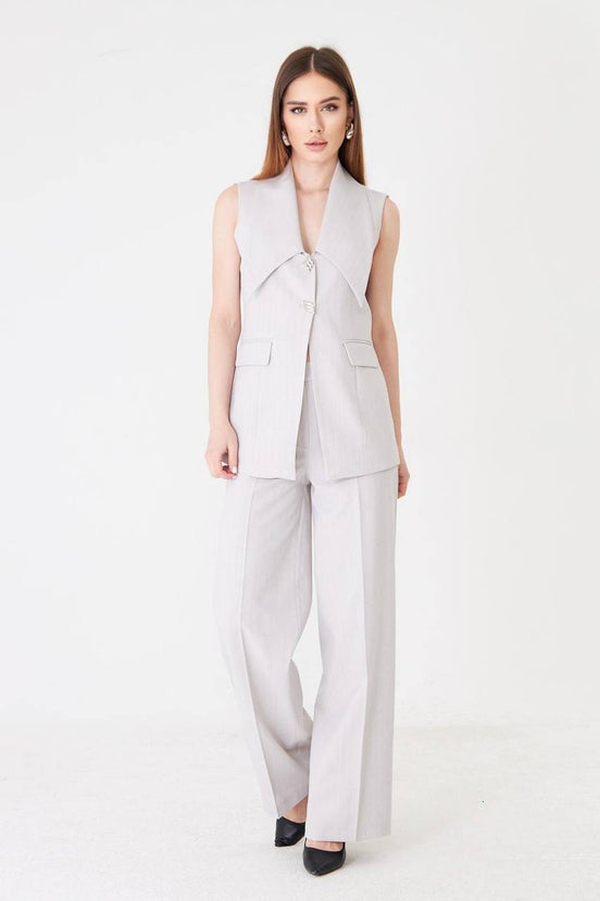 Grey Longline Vest Wide Leg Pants Suit Set