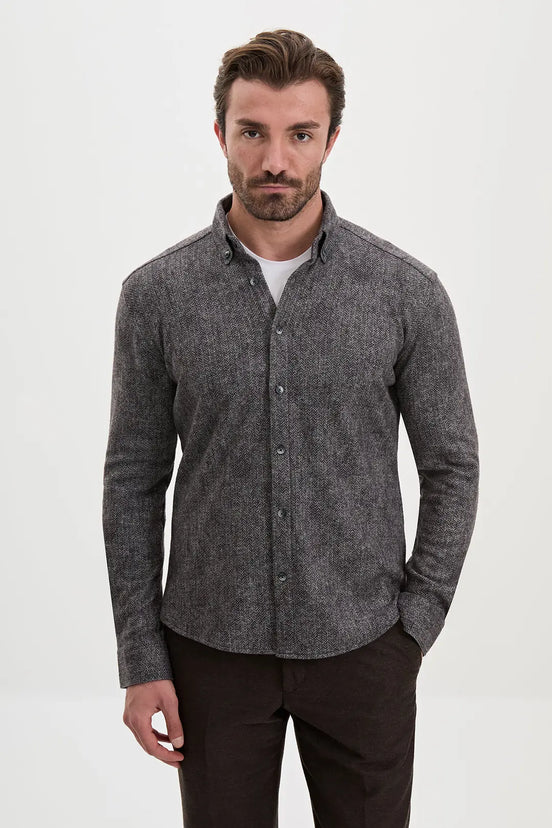 Herringbone Wool Shirt Brown
