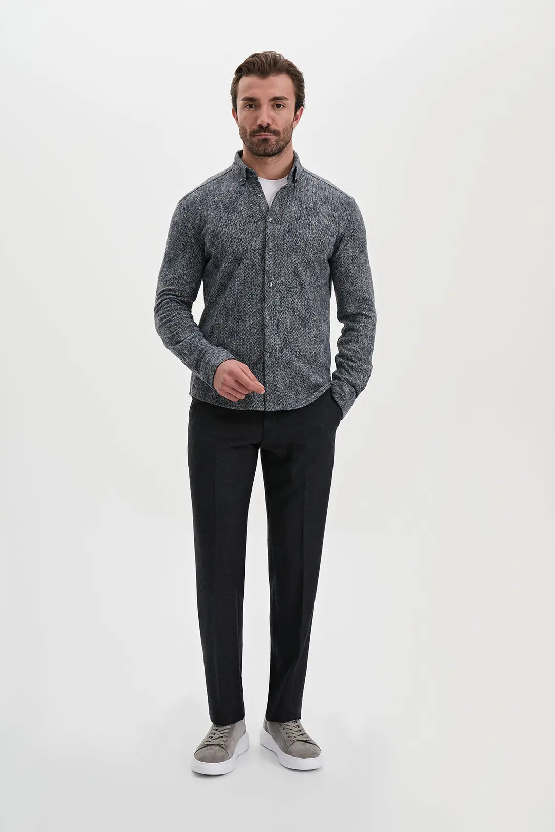 Navy Blue Herringbone Wool Shirt