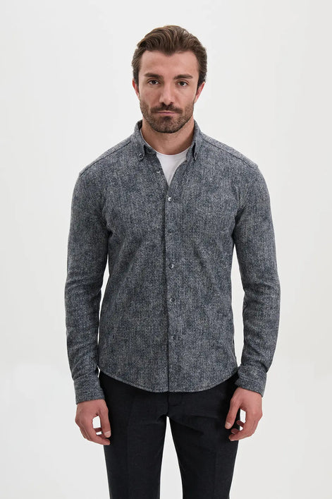 Herringbone Wool Shirt Navy Blue