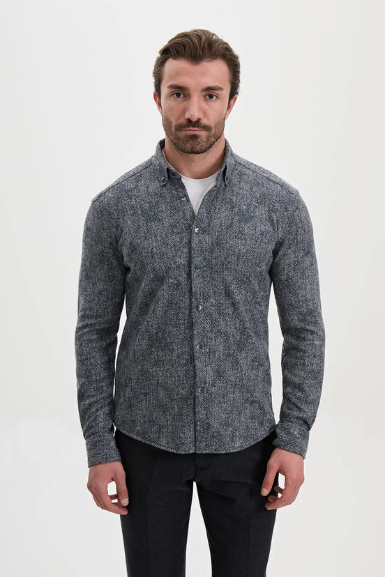 Herringbone Wool Shirt Navy Blue