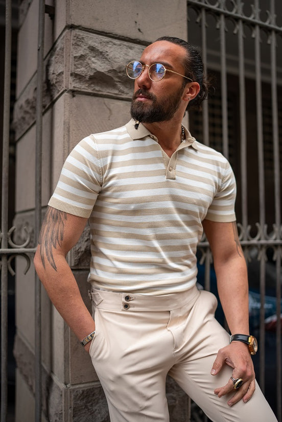 Beige Striped Polo Shirt