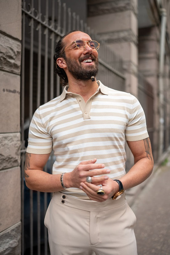 Beige Striped Polo Shirt