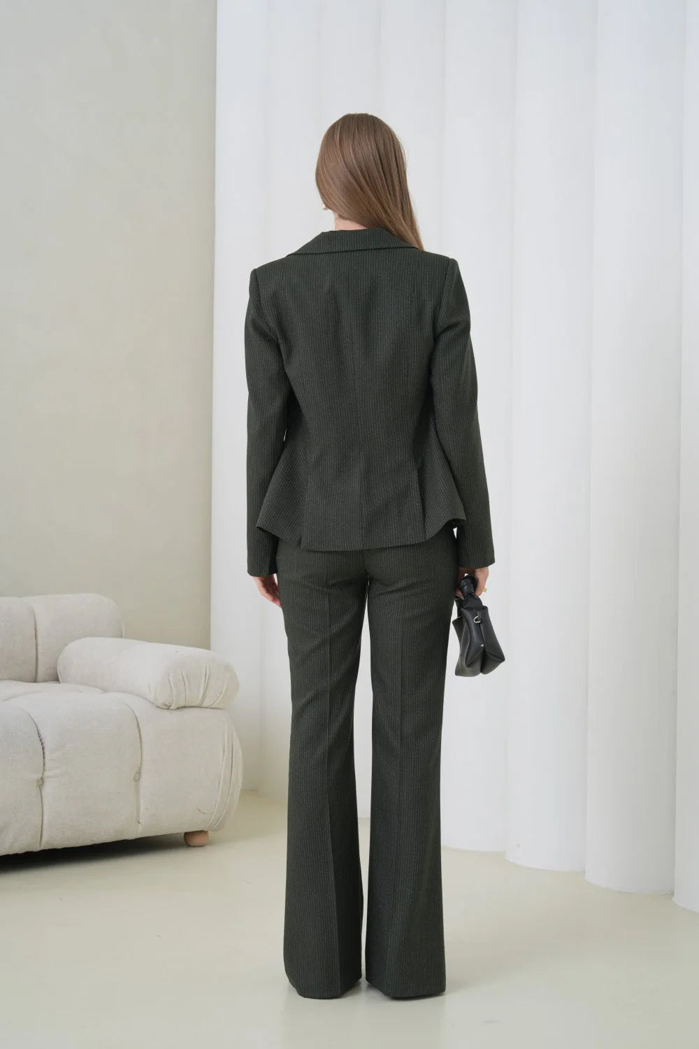 Khaki Striped Women Suit