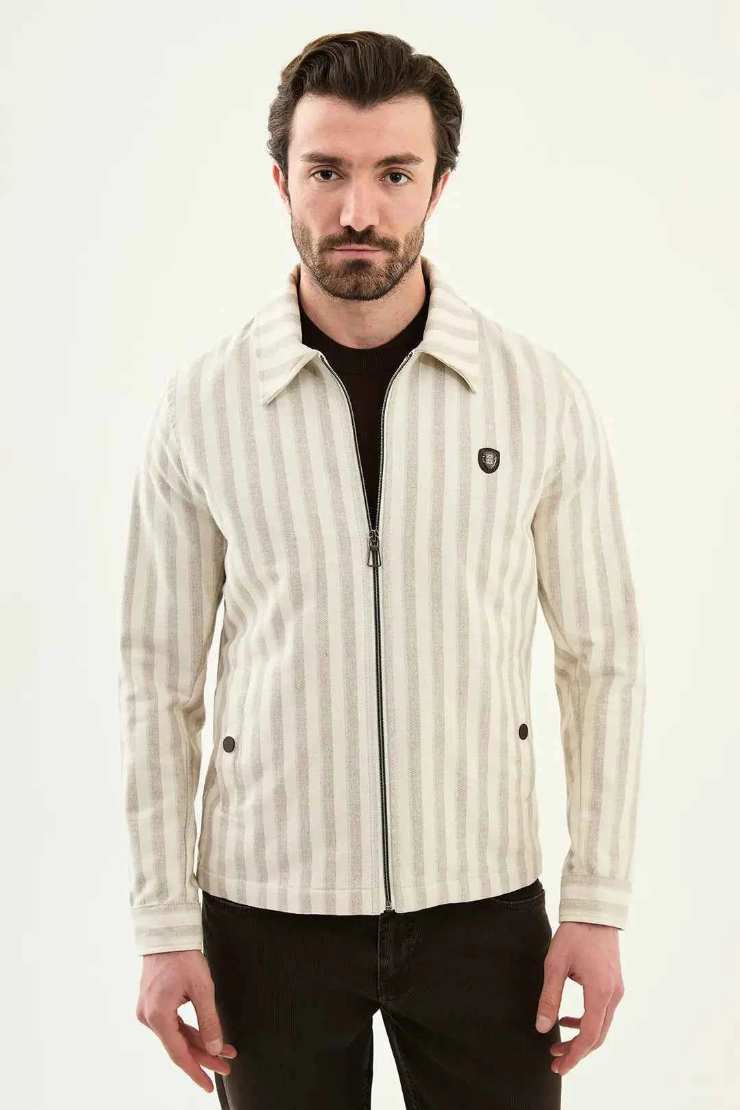 Laredo Beige Men's Striped Zip-Up Harrington Jacket
