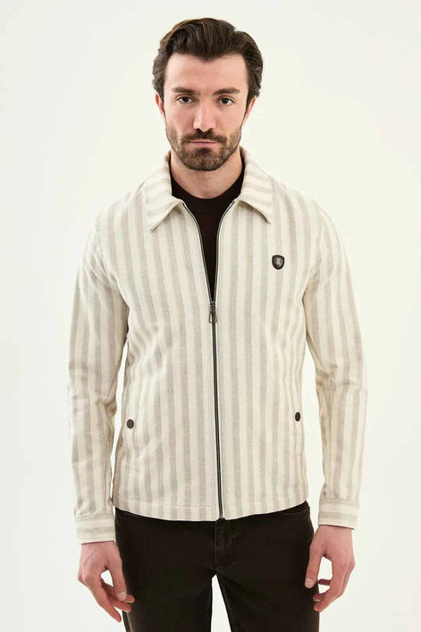 Laredo Beige Men's Striped Zip-Up Harrington Jacket