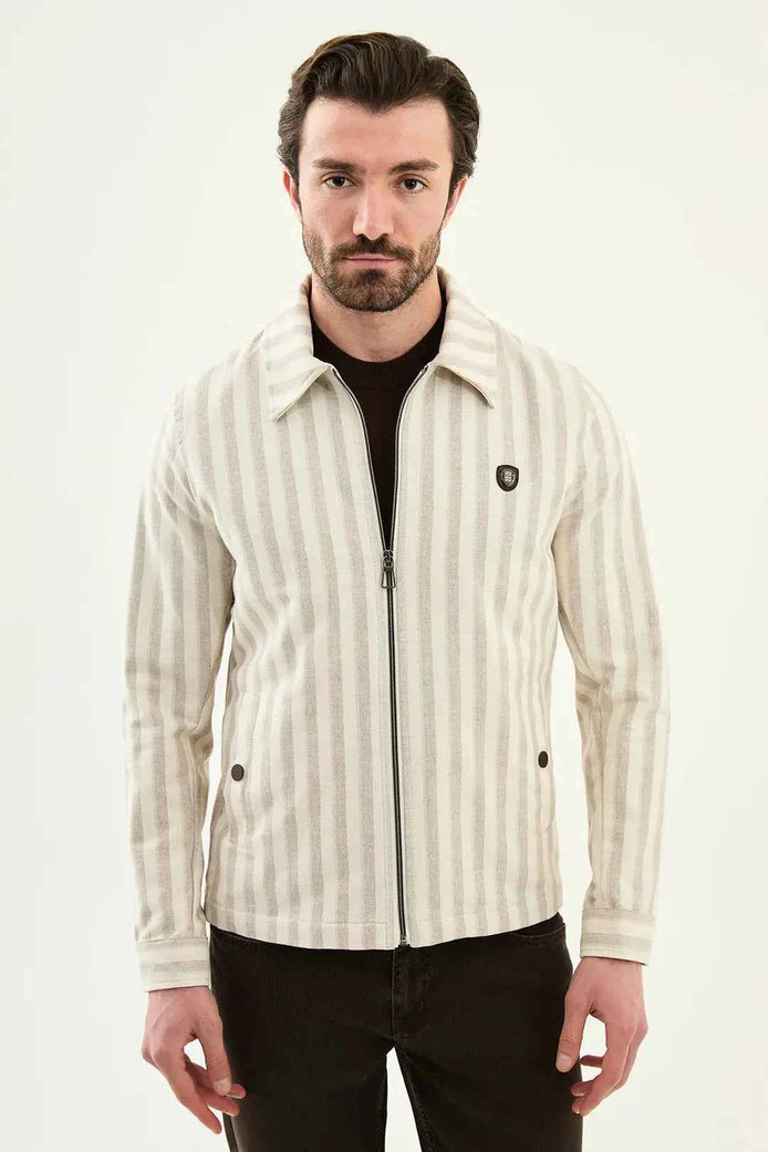 Laredo Beige Men's Striped Zip-Up Harrington Jacket