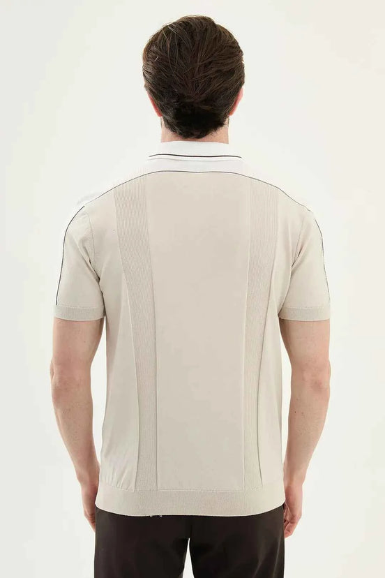 Beige Striped Knit Short Sleeve Polo Shirt