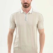 Laredo Beige Striped Knit Short Sleeve Polo Shirt