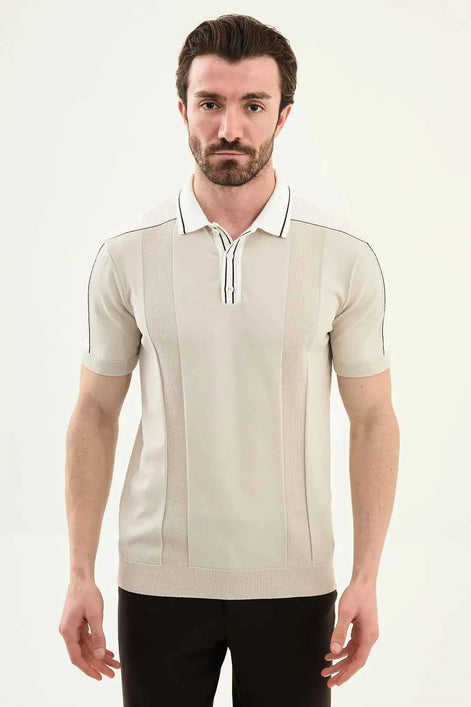 Laredo Beige Striped Knit Short Sleeve Polo Shirt