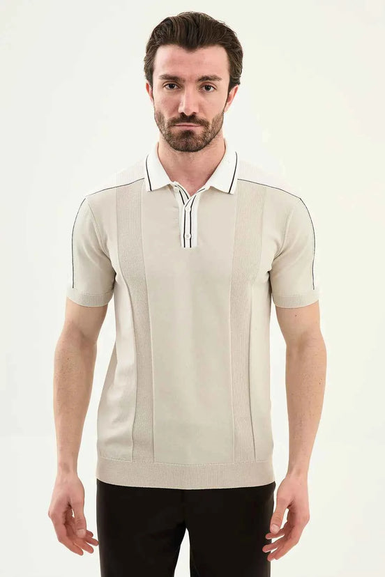 Beige Striped Knit Short Sleeve Polo Shirt