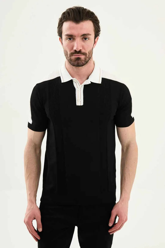 Black Striped Knit Short Sleeve Polo Shirt