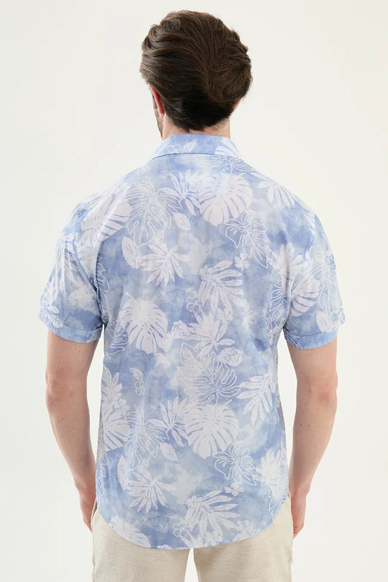 Blue Tropical Floral Print Short Sleeve Shirt