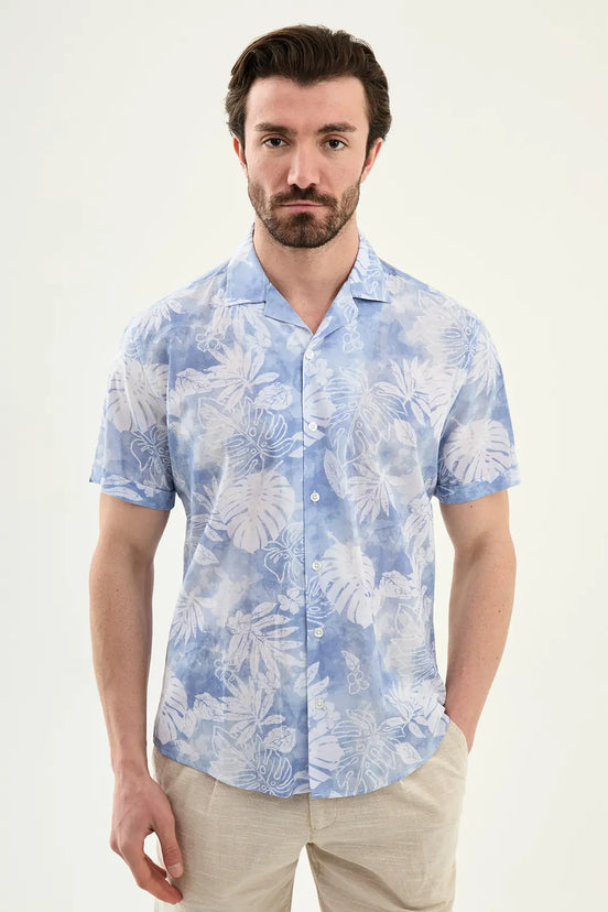Blue Tropical Floral Print Short Sleeve Shirt