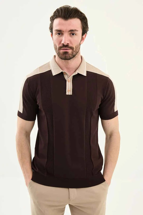 Brown Striped Knit Short Sleeve Polo Shirt