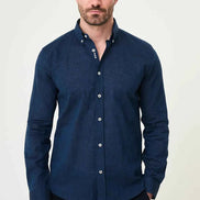 Laredo Button Down Collar Linen Shirt Navy Blue