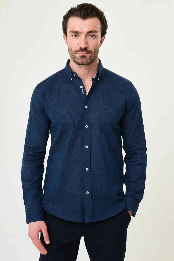 Laredo Button Down Collar Linen Shirt Navy Blue