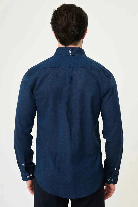 Laredo Button Down Collar Linen Shirt Navy Blue