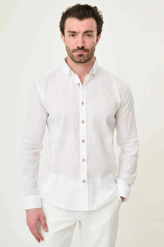 Laredo Button Down Collar Linen Shirt White