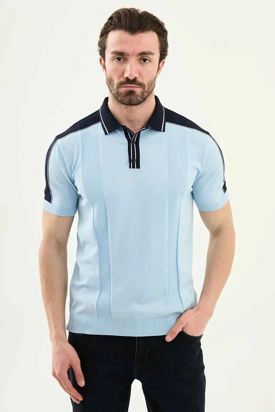 Laredo Light Blue Striped Knit Short Sleeve Polo Shirt