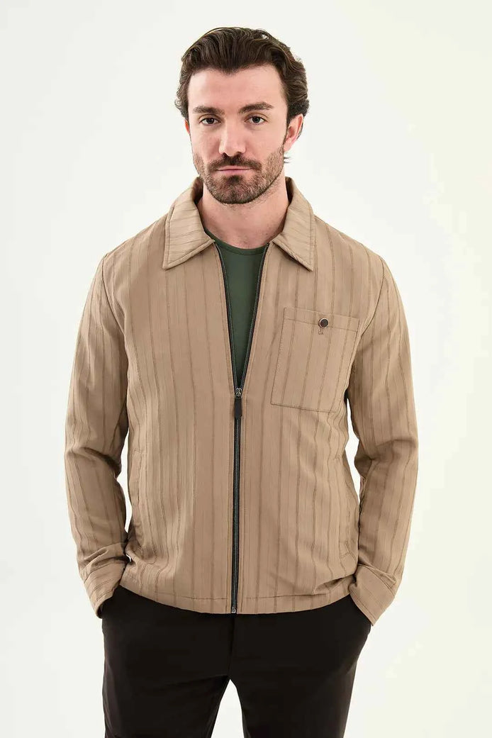 Laredo Men's Beige Striped Zip-Up Overshirt Jacket