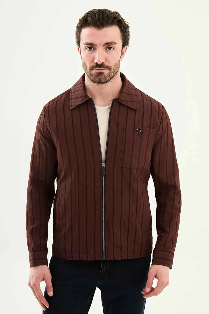 Laredo Men's Burgundy Striped Zip-Up Overshirt Jacket