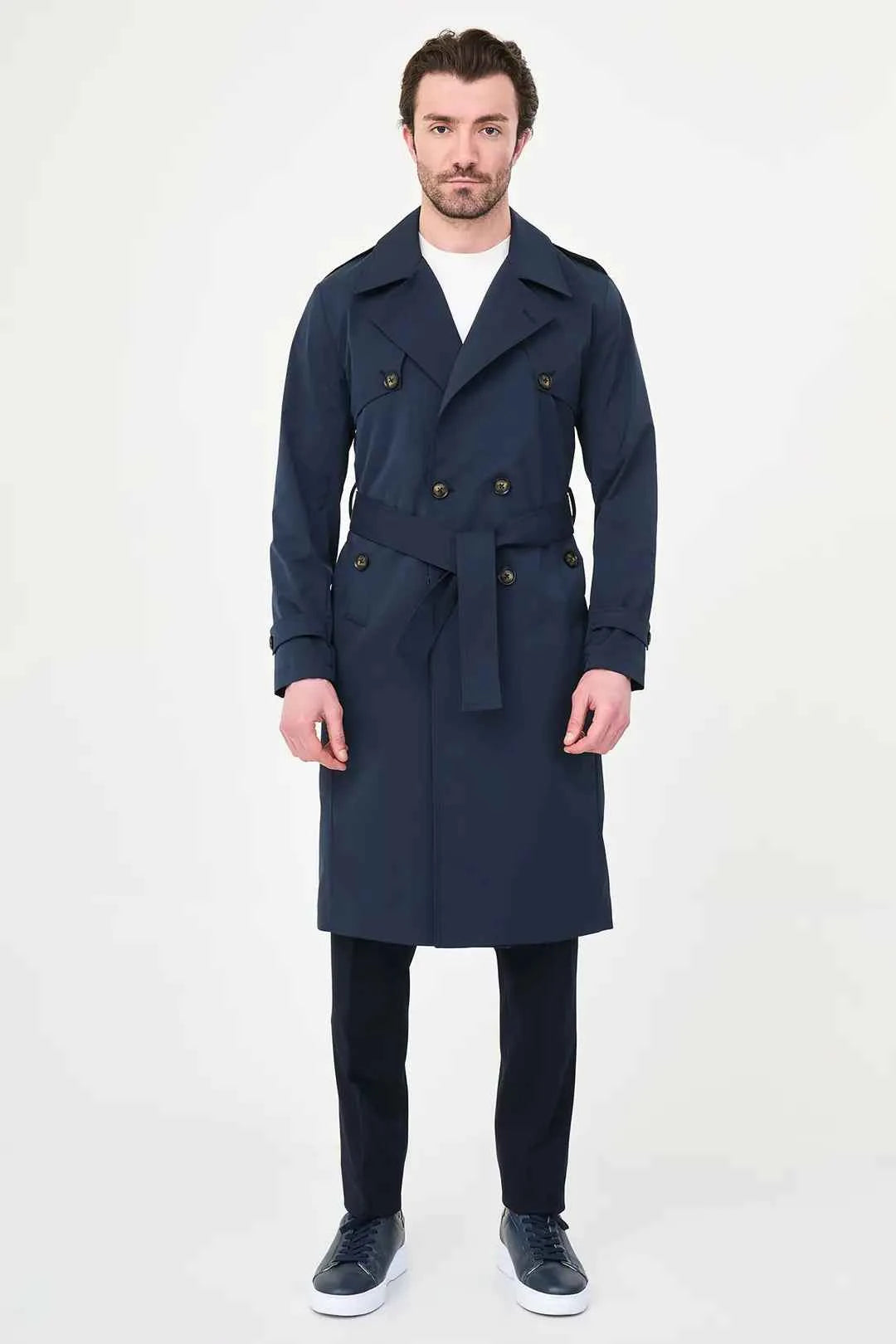 Laredo Navy Blue Double Breasted Trench Coat with Belt