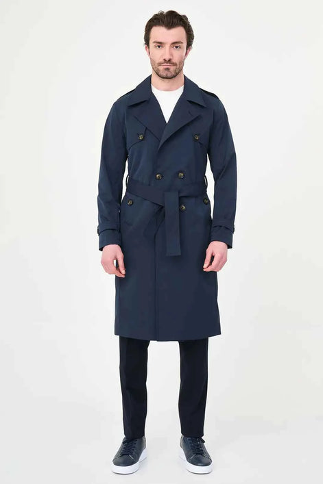 Laredo Navy Blue Double Breasted Trench Coat with Belt