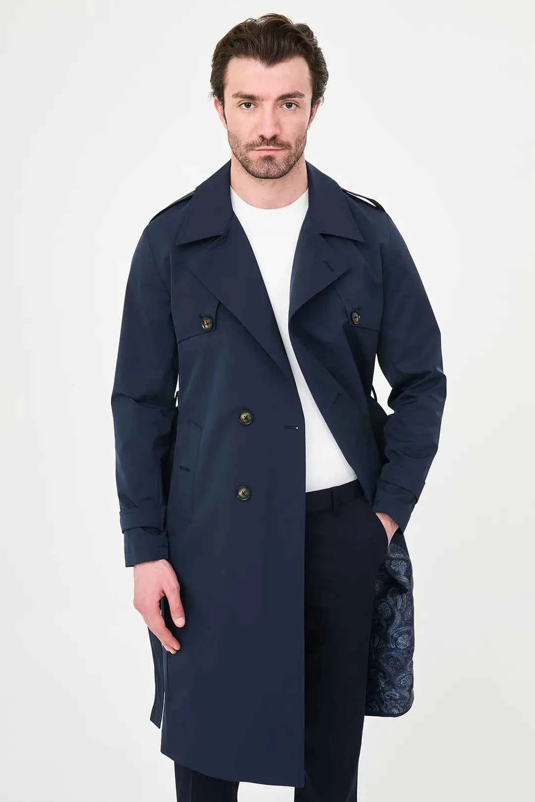 Laredo Navy Blue Double Breasted Trench Coat with Belt