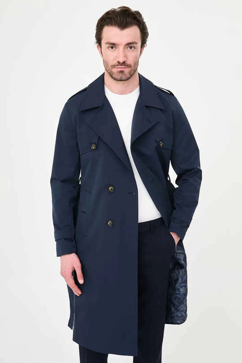 Laredo Navy Blue Double Breasted Trench Coat with Belt