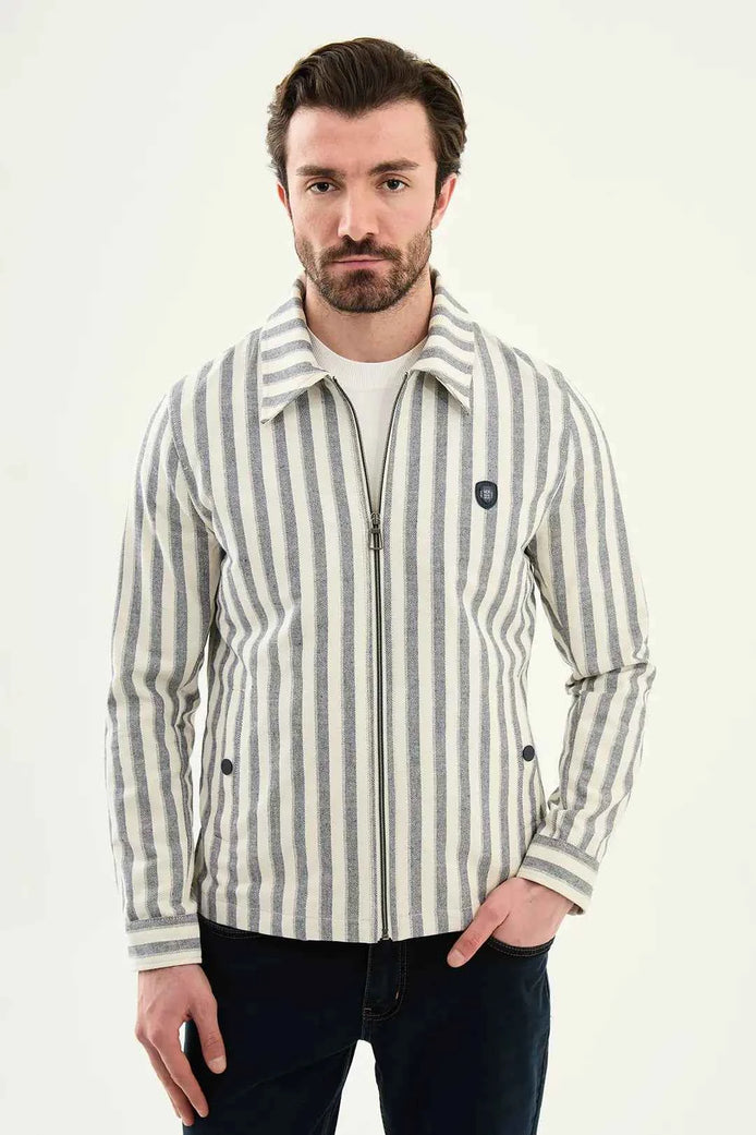 Laredo Navy Blue Men's Striped Zip-Up Harrington Jacket