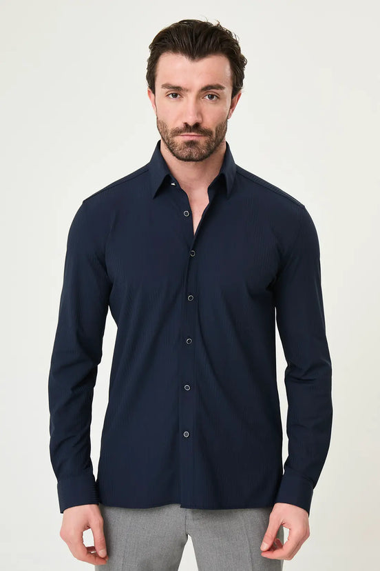 Laredo Navy Blue Tonal Pinstripe Long Sleeve Dress Shirt