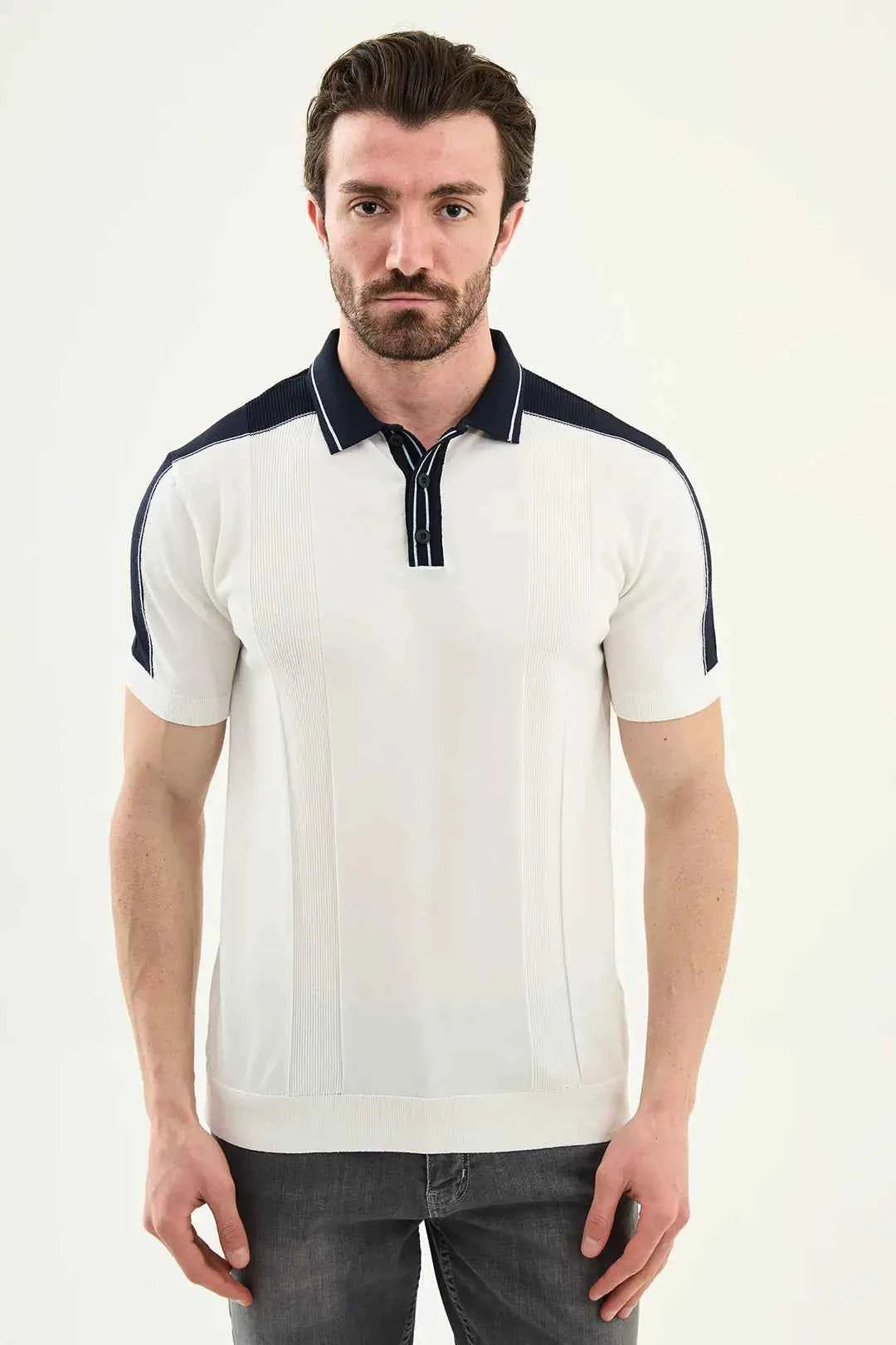 Laredo Off White Striped Knit Short Sleeve Polo Shirt