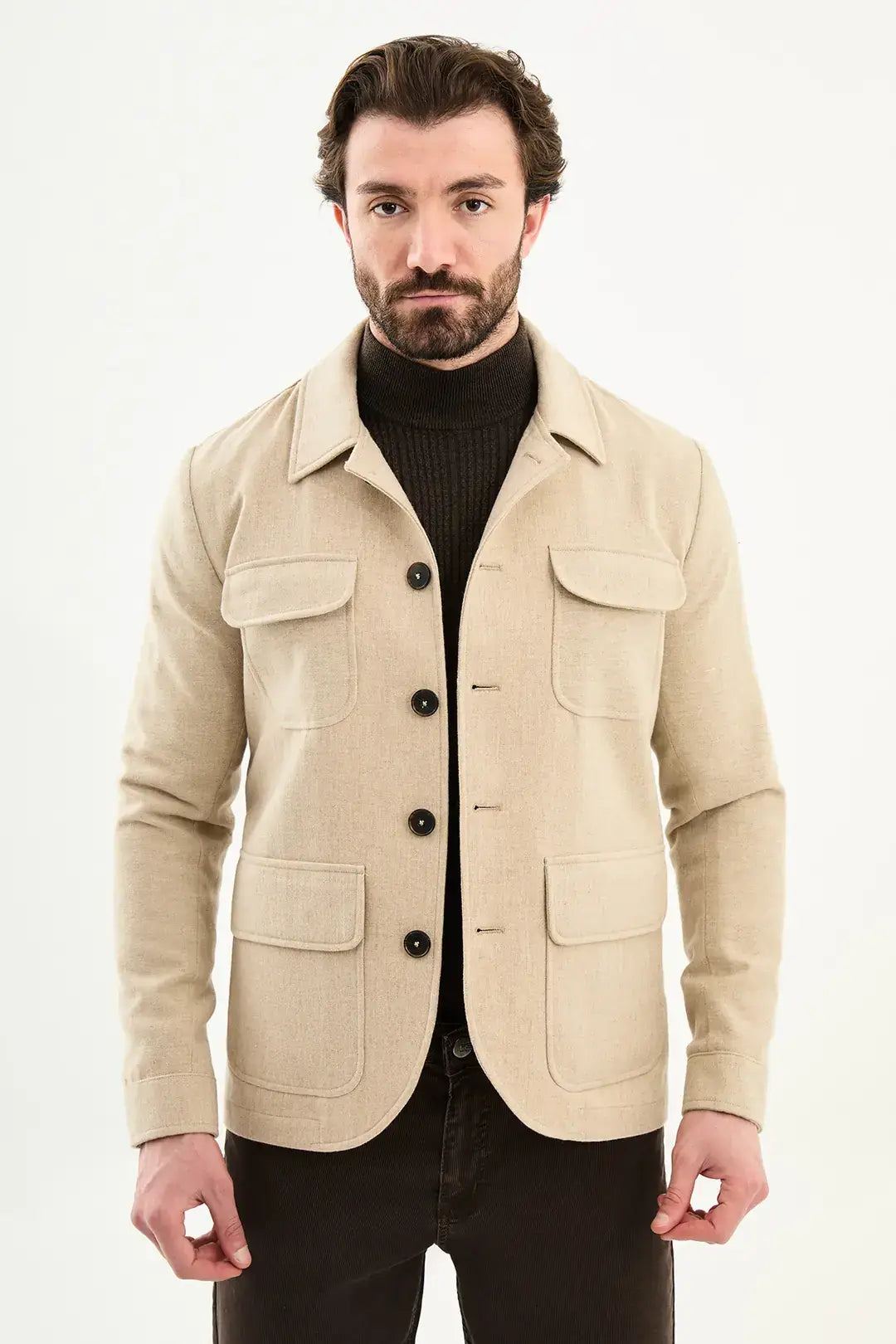 Beige Double Pocket Wool Coat