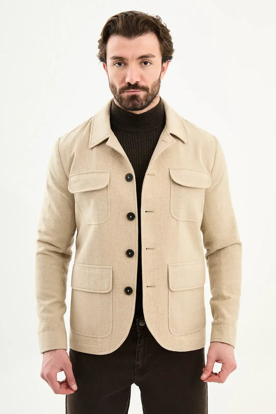 Beige Double Pocket Wool Coat