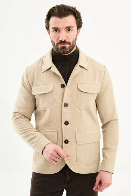 Beige Double Pocket Wool Coat