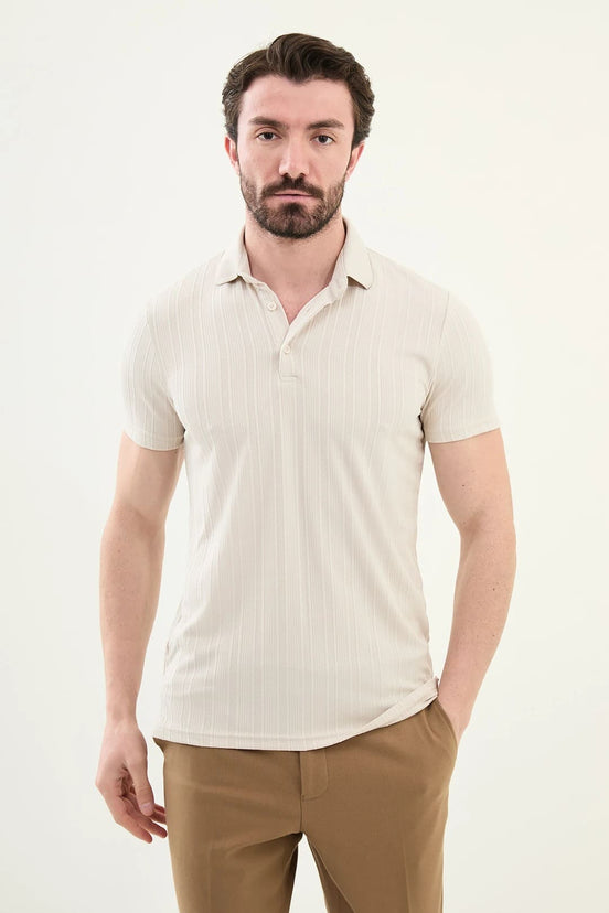 Beige Ribbed Polo Shirt
