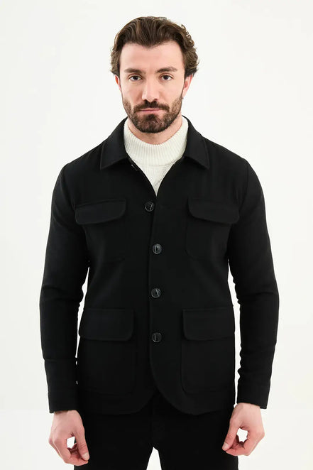Black Double Pocket Wool Coat