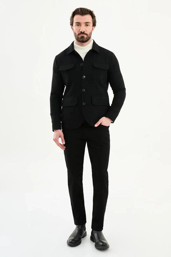 Black Double Pocket Wool Coat