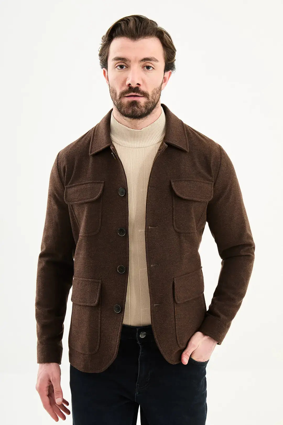 Brown Double Pocket Wool Coat