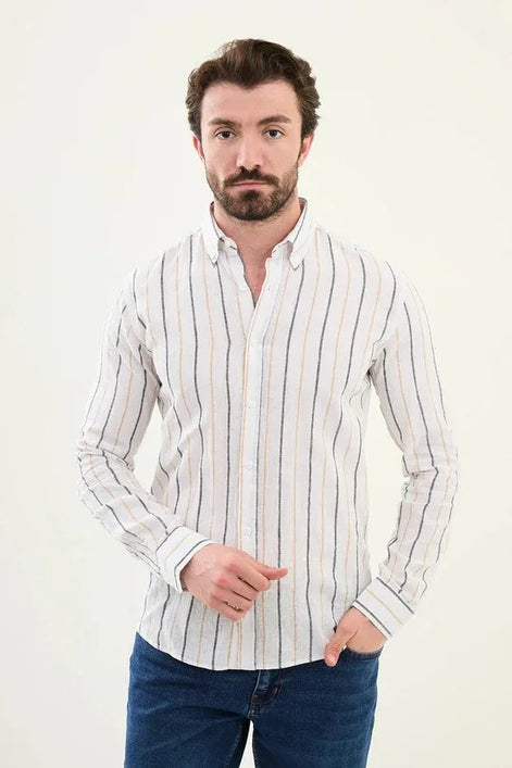 Marina Linen Beige and White Striped Shirt
