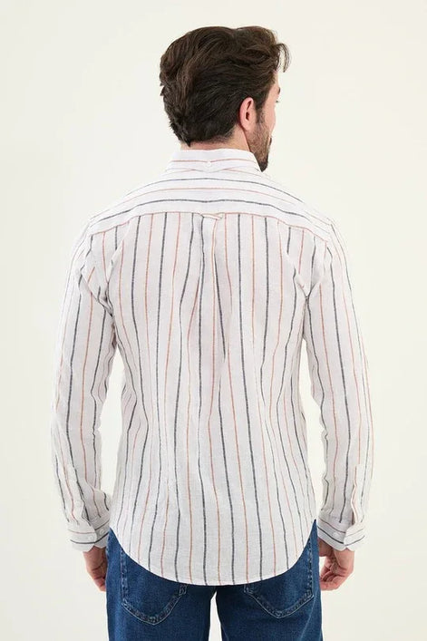 Marina Linen Camel and White Striped Shirt