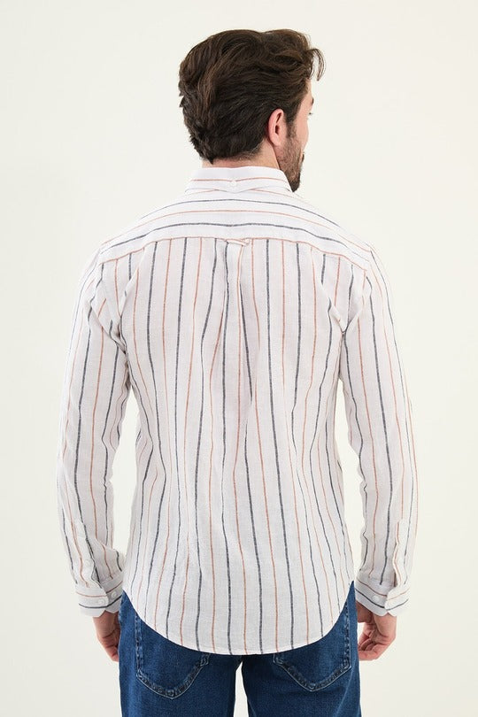 Linen Camel and White Striped Shirt