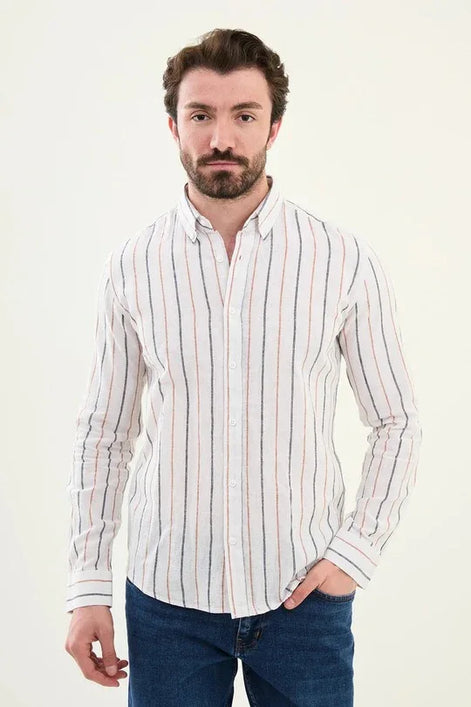 Marina Linen Camel and White Striped Shirt