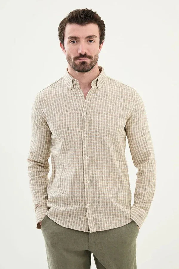 Marina Linen Khaki Green Plaid Shirt